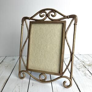 VTG Elsa Gold Tone Art Deco Style Metal Picture Frame Scroll 4.5”x6.375” Opening